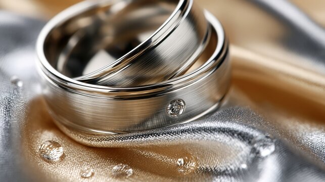 Beautiful wedding rings resting on soft fabric with delicate water droplets.