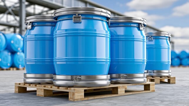 Blue barrels on wooden pallet in a warehouse, symbolizing industrial storage solutions.