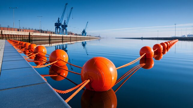 Bright orange buoys floating on calm water with blue skies and distant cranes.