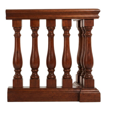 Wooden balustrade railing section. Classic brown wood staircase banister isolated on white.