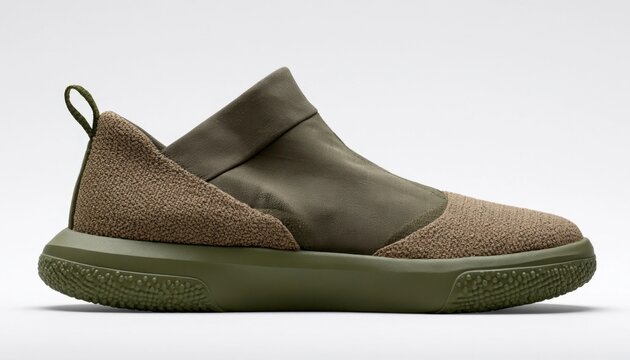 Mens slip-on casual shoe in olive and brown with textured fabric upper and rubber sole