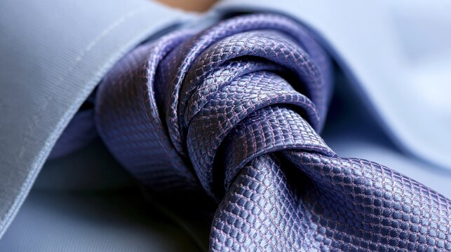 Close-up of a beautifully knotted purple tie on a crisp shirt collar.