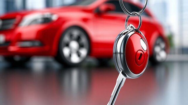 Close-up of a car key with a sleek red vehicle in the background.