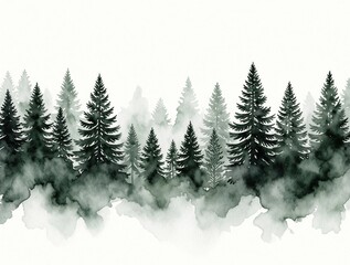 Obraz premium Watercolor painting shows a forest line with dark green pine trees. Fog or mist surrounds the trees creating a moody serene atmosphere. This artwork is great for backgrounds and nature themed designs.