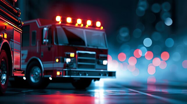 Close-up of a fire truck with bright lights in an urban night setting.