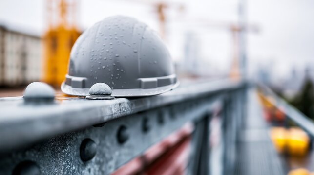 Close-up of a gray safety helmet on a construction site railing, raindrops shimmering.