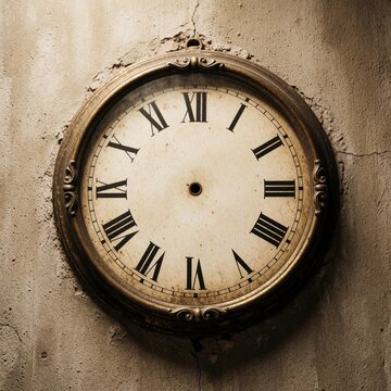 Empty antique clock dial without hands sits on cracked cement wall. Round vintage watch face displays Roman numerals on textured concrete background. Old circular object hangs indoors. Aged brass