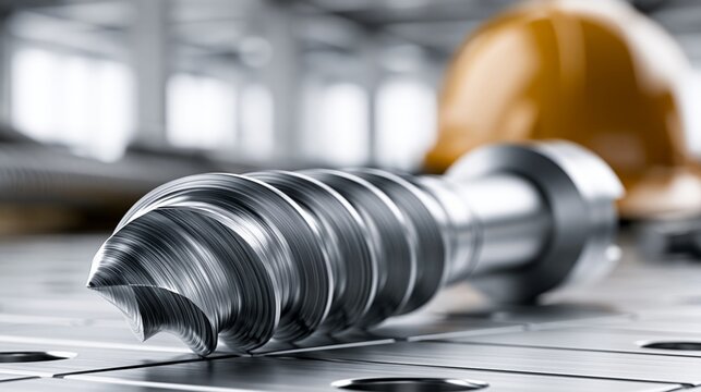 Close-up of a metal screw on a workshop floor with a safety helmet in the background.