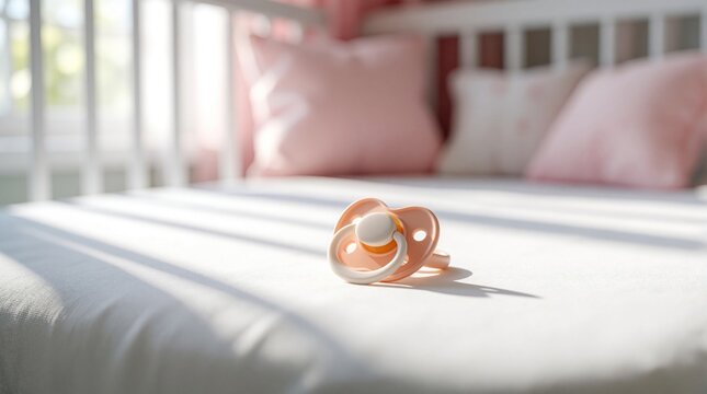 Pink baby pacifier rests on white sheet inside nursery crib. Soft morning sun illuminates newborn bedroom decor. Calm lifestyle mood creates peaceful atmosphere for toddler nap. Gentle textile