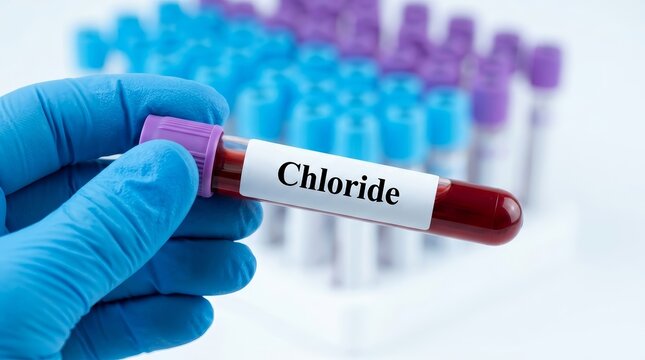 Biochemical blood analysis in a clinical laboratory featuring a blood sample tube for chloride electrolyte testing.