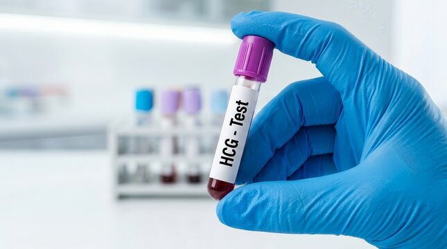 HCG blood test tube held by doctor for pregnancy detection and reproductive condition diagnosis.