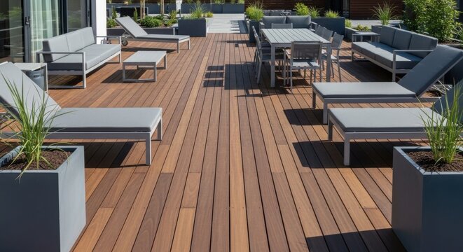 Modern Outdoor Lounge Deck With Sleek Furniture And Natural Wood Flooring