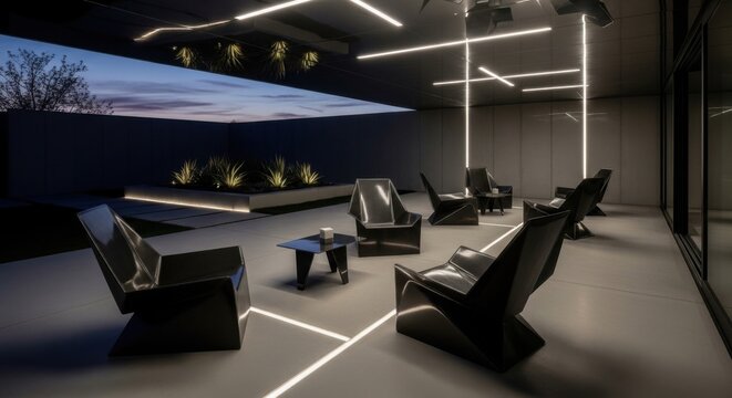 Modern Outdoor Lounge Seating Area With Ambient Lighting At Dusk