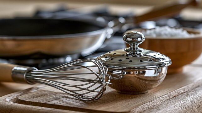 Close-up of kitchen tools, including a whisk and a stainless steel steamer on a wooden board.