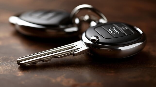 Close-up of modern car keys resting on a wooden surface, showcasing sleek design and details.