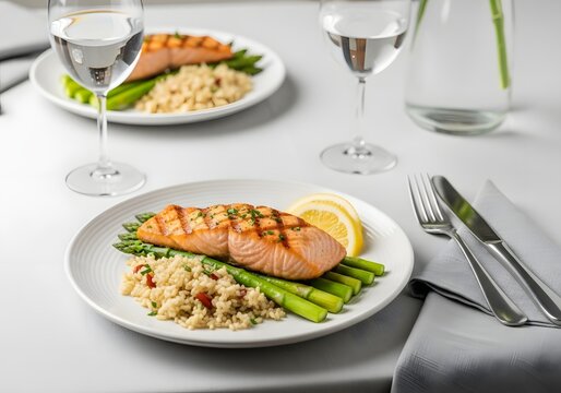 Grilled salmon fillet with grill marks on green asparagus spears, grain rice pilaf, and lemon slices. High-angle view of two plates on white tablecloth with water glasses and cutlery.