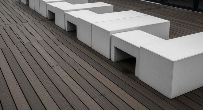 Modern Outdoor Seating Arrangement On A Wooden Deck