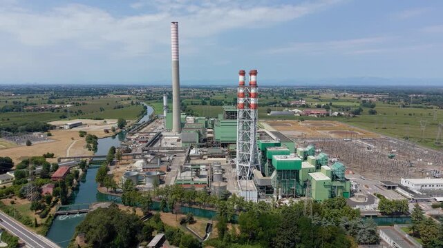 Aerial view of Tavazzano Montanaso gas power plant in Italy, a combined cycle facility generating electricity for the national energy network.