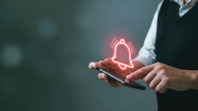 Close-up of hand holding smartphone with glowing red neon bell notification icon hovering above screen, symbolizing urgent alert message or important reminder for mobile