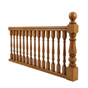 Wooden staircase railing isolated on white. Classic oak banister with decorative balusters.