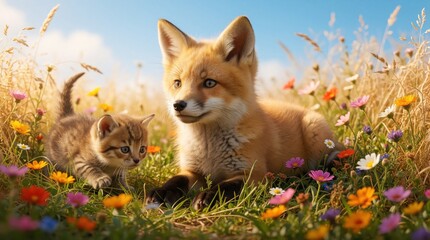 Obraz premium Small tabby kitten, young fox sit together in sunny meadow field. Tiny cat cub explore blooming flowers near wild red fox pup. Fluffy animals relax among green grass under bright blue sky. Cute