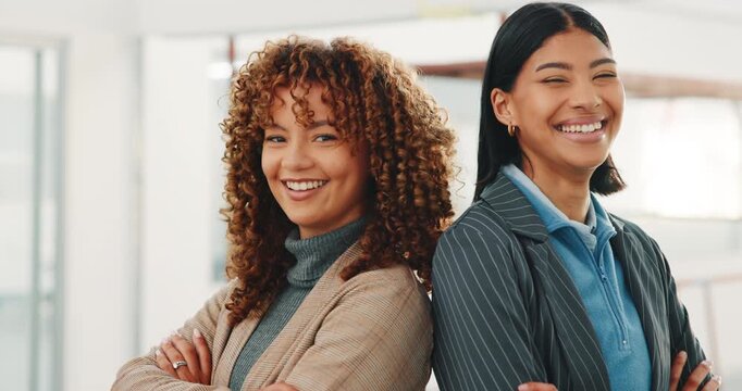 Business, face and women with arms crossed for construction, building renovation or site visit. Happy, client representative and laugh for commercial remodeling, project team or property development