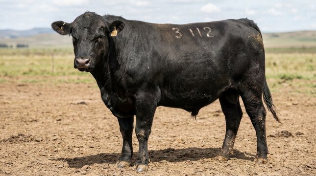 A black Angus bull stands in a dry, dusty field on a sunny day.