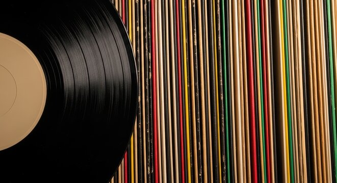 Vintage Black Vinyl Record Disc Next to a Large Collection of Colorful LP Sleeves in a Row for Music Lovers