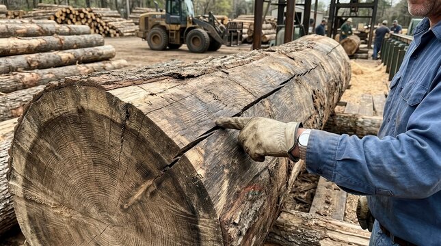 Lumberjack Inspecting a Massive Timber Log at a Busy Sawmill Facility