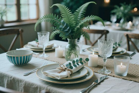Close up of dining table displaying styled place settings, candles, glassware, fern centerpiece for home entertaining concept. Suitable for hospitality marketing, event planning, seasonal decor