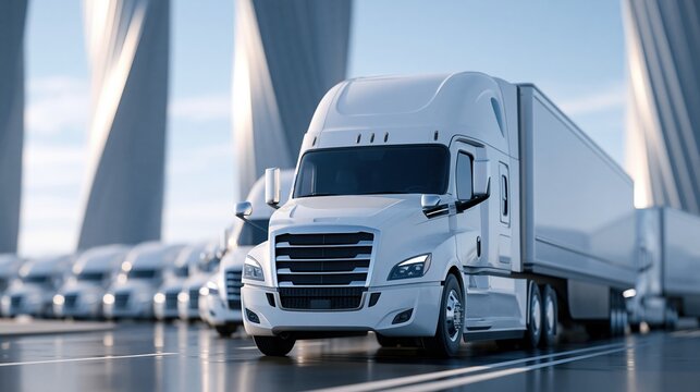 Fleet of pristine white semi-trailer trucks parked in a modern industrial setting with futuristic architecture