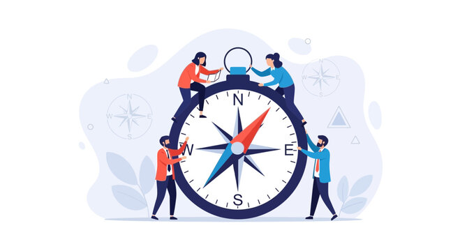 Teamwork and Navigation: People working together on a giant compass, symbolizing direction, strategy, and guidance.
