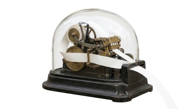 Vintage stock ticker machine under glass dome