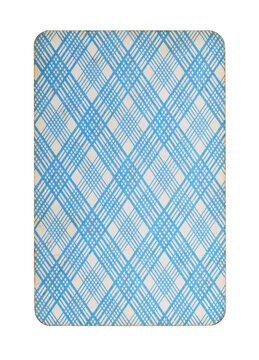 Vintage playing card back side design with blue pattern on white.