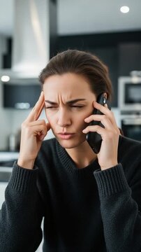 Stressed young woman having phone call and holding head with fingers in kitchen
