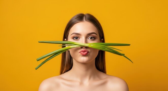 Beautiful Playful Young Woman Holding Green Onions as a Mustache on Bright Yellow Studio Background