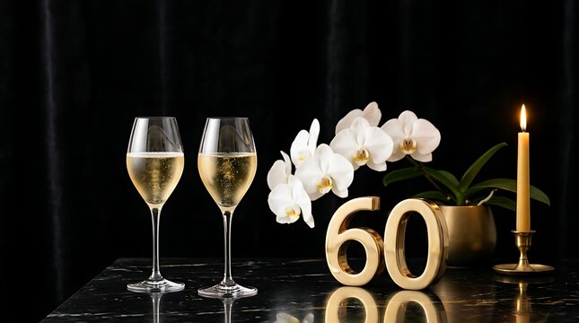 Golden sixty year anniversary celebration featuring two crystal champagne flutes beside white orchid flowers and a lit wax pillar candle