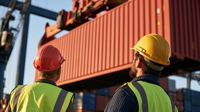 Two dockworkers in hard hats and safety vests oversee a large red shipping container being lifted by a crane at a busy port.