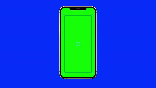 Brushed Gold realistic phone frame scales back onto the screen, rotates from landscape to portrait then remains static. graphics template. Chroma key green 4k