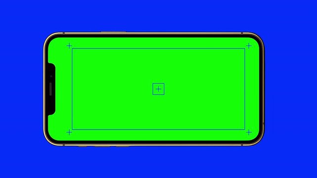 Brushed Gold realistic phone frame animates onto the screen from top, rotates from portrait to landscape scales up and animates out from the bottom of frame. graphic template. Chroma key green 4k