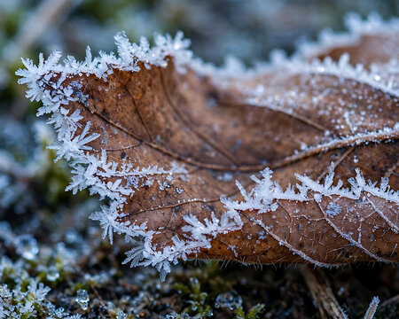 Macro shot of dry autumn leaf covered with intricate ice frost crystals on cold winter morning