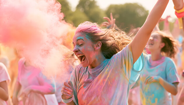 Women ran the race, their bodies covered in vibrant powder. Friends gathered to cheer for the sports event, celebrating with a splash of color. A joyful group enjoyed the sunny day, their faces alight