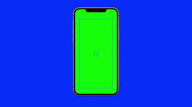 Brushed Gold realistic phone frame animates onto the screen from top of frame, scales up down and animates out from the top of the frame. graphic template. Chroma key green 4k