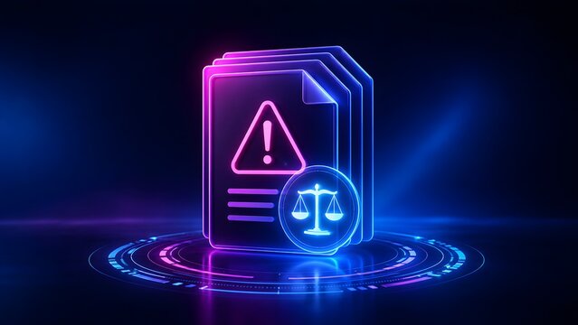 Digital legal documents with an alert sign and justice scales, illustrating the critical importance of data privacy, compliance, and regulatory law.