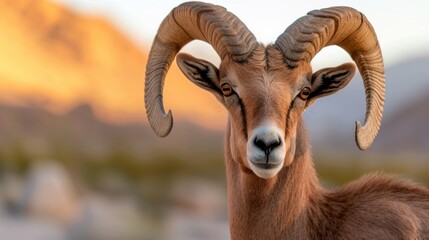 Fototapeta premium Close-Up Portrait of Majestic Mountain Goat with Twisted Horns Against a Beautiful Sunset Background