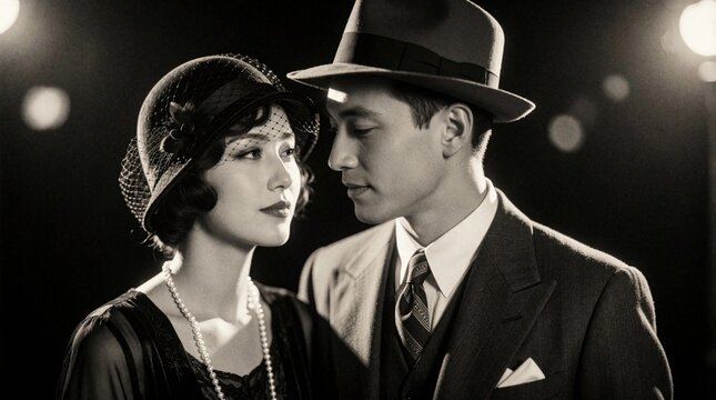 Couple in 1920s vintage clothing shares tender moment. Woman wears cloche hat veil pearls. Man sports fedora suit. Black and white retro style photo.