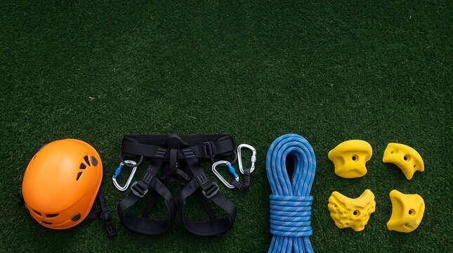 Essential Rock Climbing Gear Kit Layout on Green Textured Surface