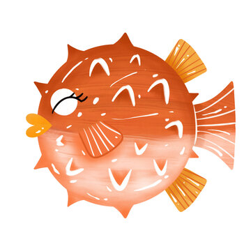 Cute Orange Pufferfish Cartoon Illustration Isolated on Transparent Background