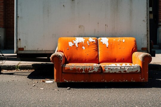 Old shabby orange sofa stands outdoors on asphalt street near white trailer wall. Damaged leather furniture sits on road curb in urban environment. Abandoned vintage couch with peeling paint texture