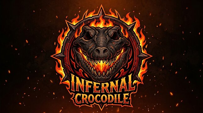 Fierce infernal crocodile mascot logo featuring aggressive sharp teeth and glowing orange flames captured in a high contrast on white background